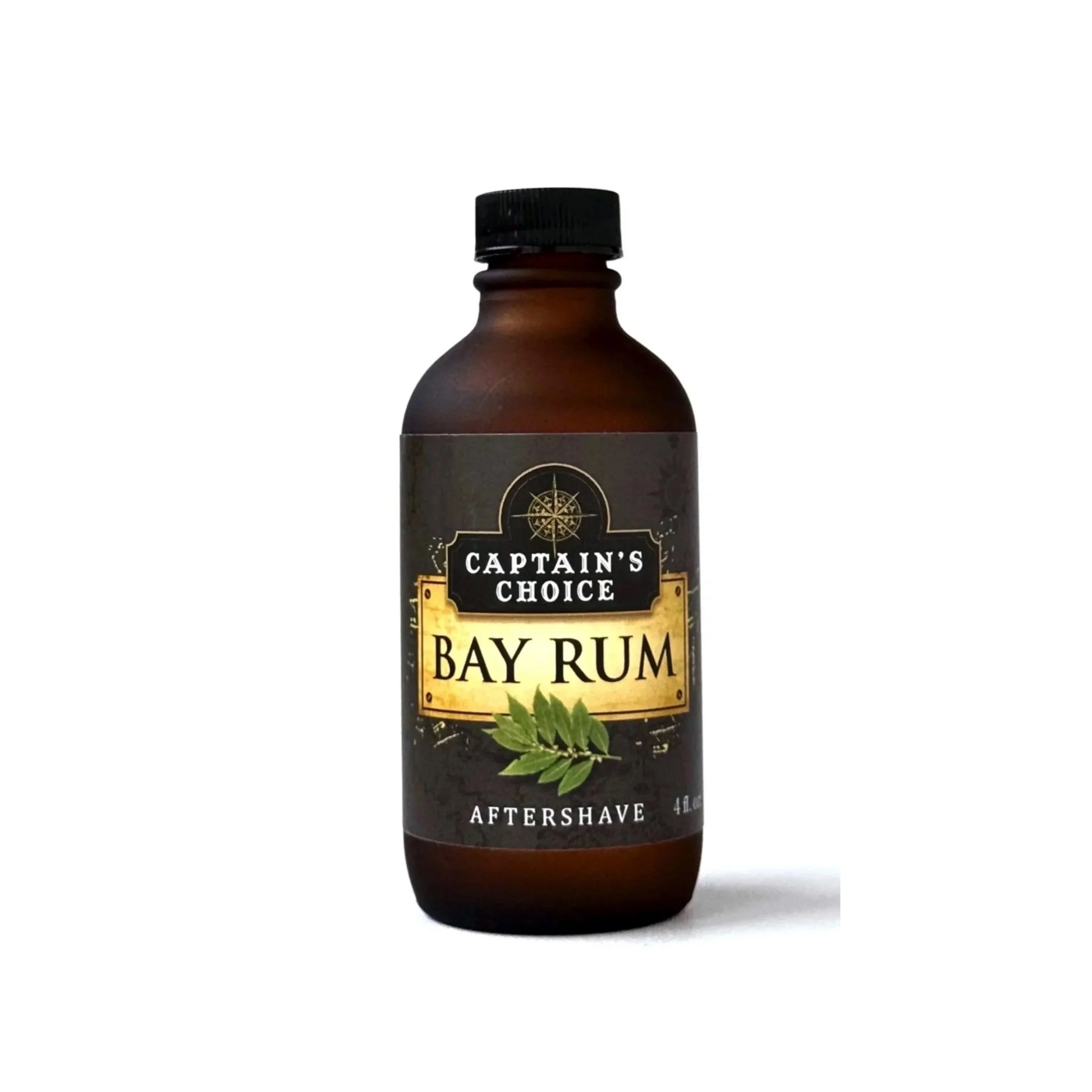 Bottle of Captain's Choice Bay Rum aftershave on a white background