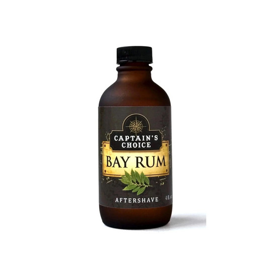 Bottle of Captain's Choice Bay Rum aftershave on a white background